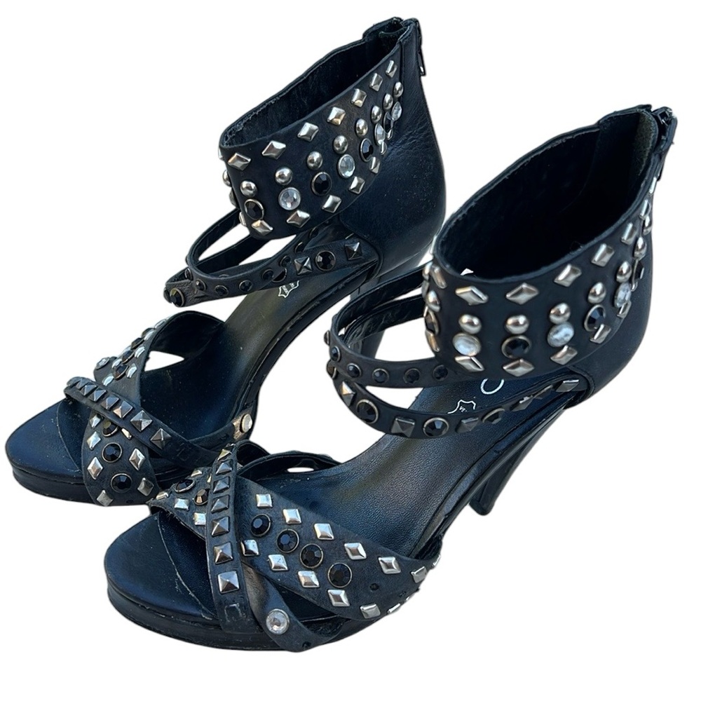 Aldo high heel black leather studded stilettos sandals zipper glamour dress shoe